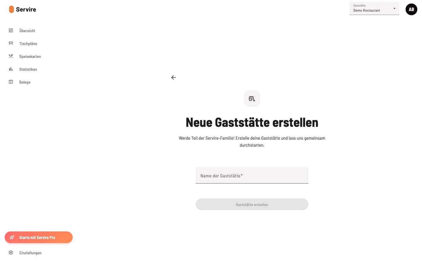 2. Neue Gaststätte erstellen