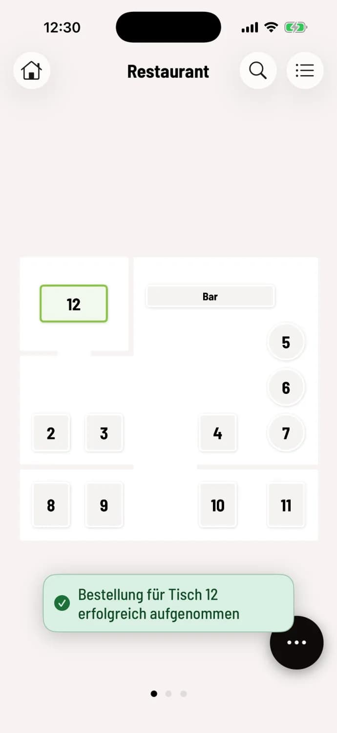 Green short message "Order for table 12 successfully received" above the table plan