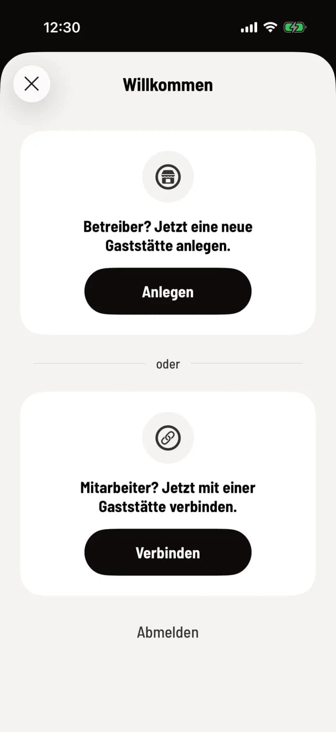 Bildschirm Willkommen der Kassen-App mit den Knöpfen Anlegen und Verbinden