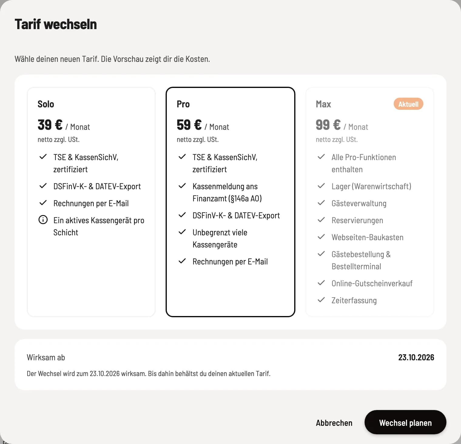 Neuen Tarif auswählen