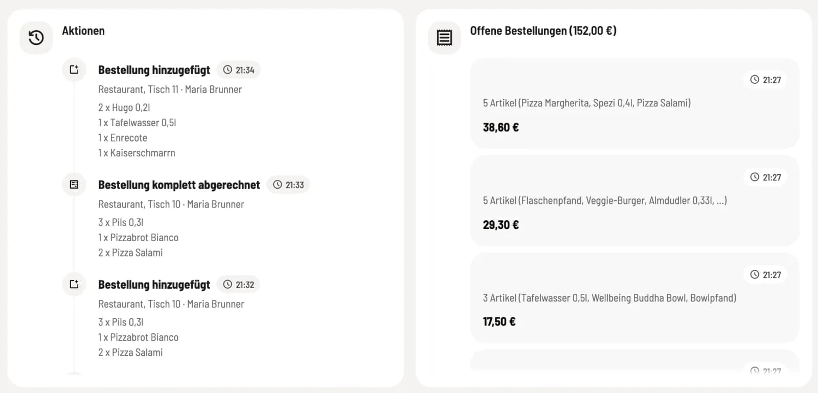 Karten Aktionen mit der Zeitleiste der Schicht und Offene Bestellungen mit Beträgen