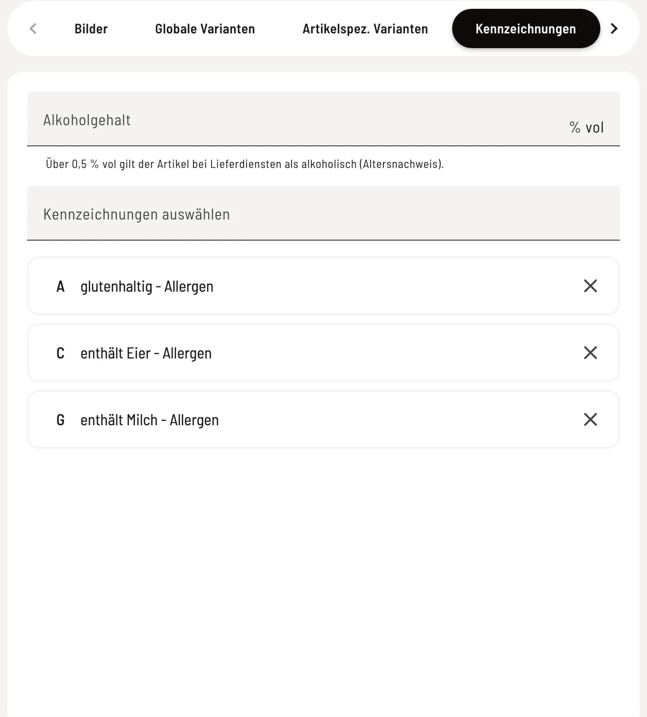 Allergene und Eigenschaften markieren
