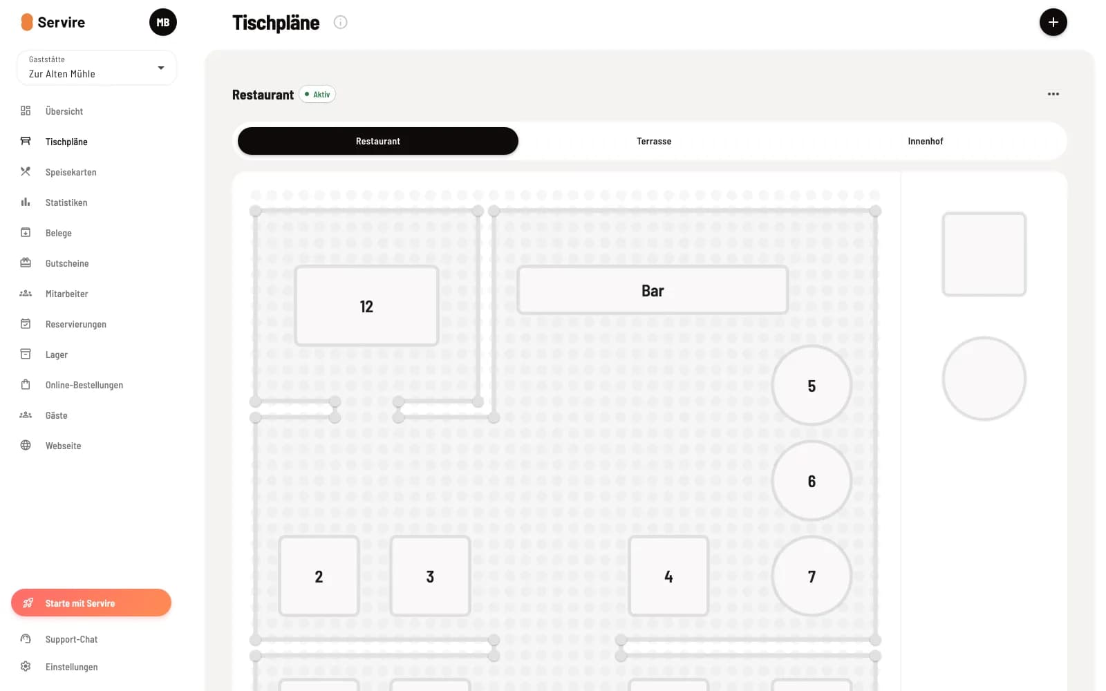 Web desk table plans with the tabs Restaurant, Terrace and Courtyard, floor plan with square and round tables and the table templates on the right-hand side