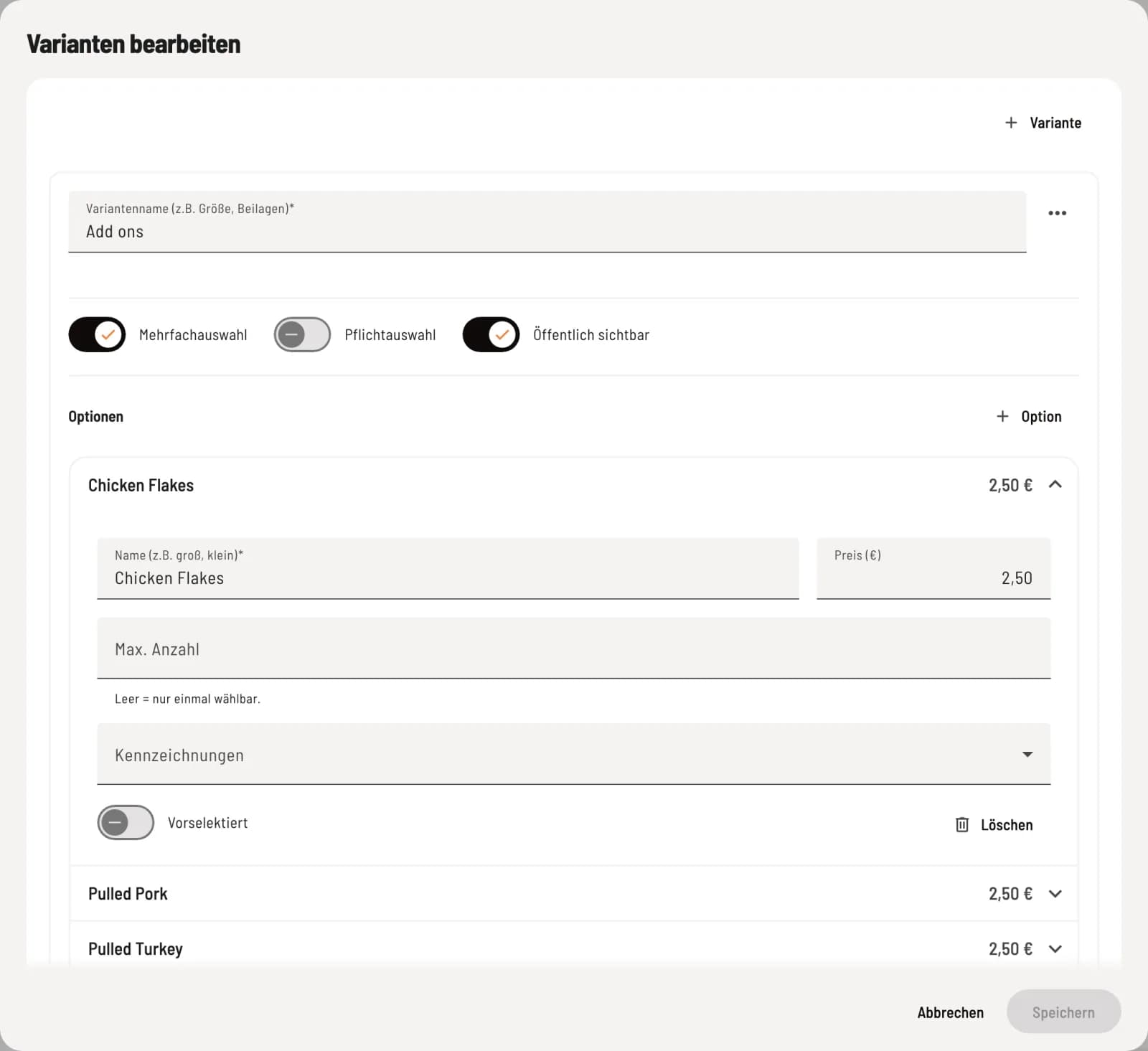 Set variant and options