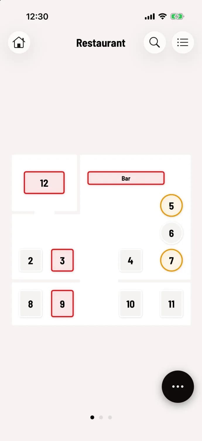 Restaurant table plan with tables 12, 3, 9 and the bar outlined in red, tables 5 and 7 outlined in orange, and empty tables.