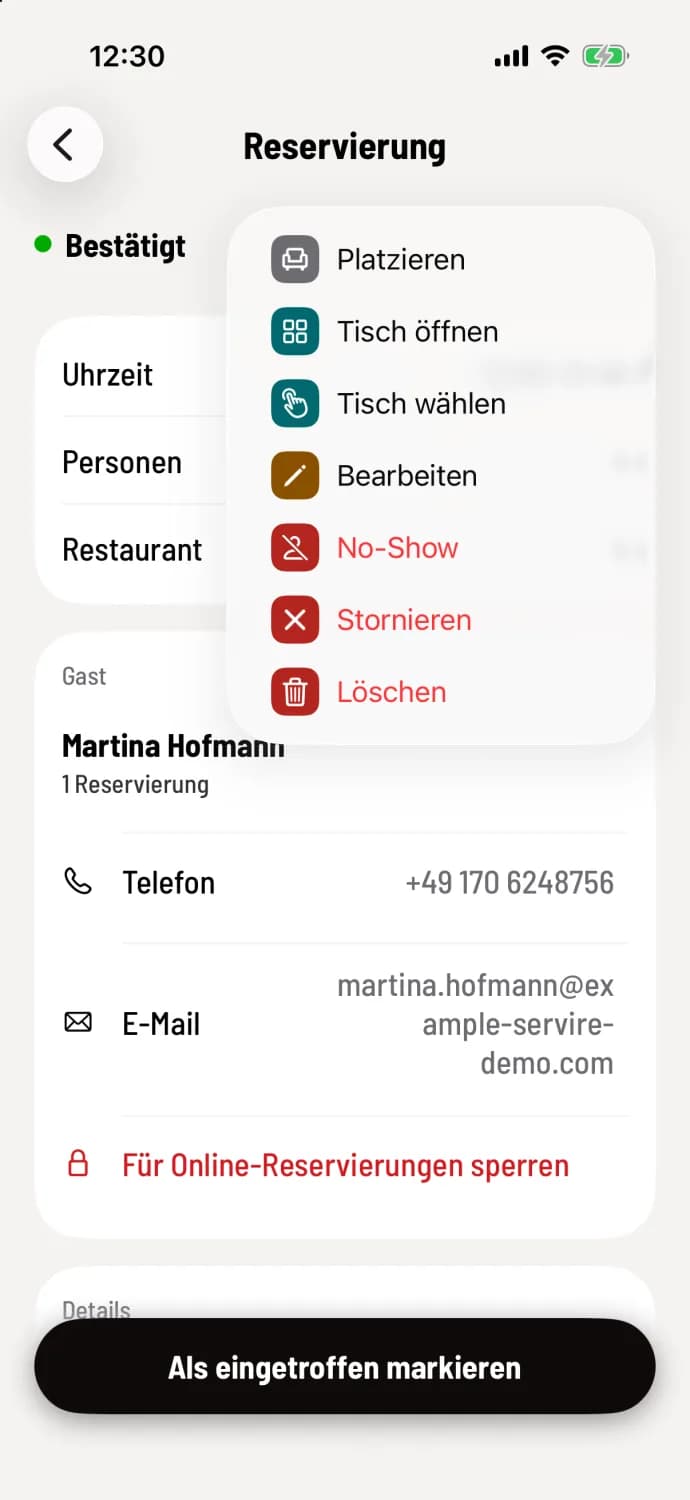Menu… with Place, Open Table, Select Table, Edit, No-Show, Cancel and Delete