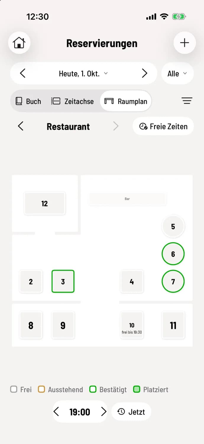 Restaurant floor plan at 7:00 PM with confirmed reservations at tables 3, 6 and 7 and table 10 "free until 7:30 PM"