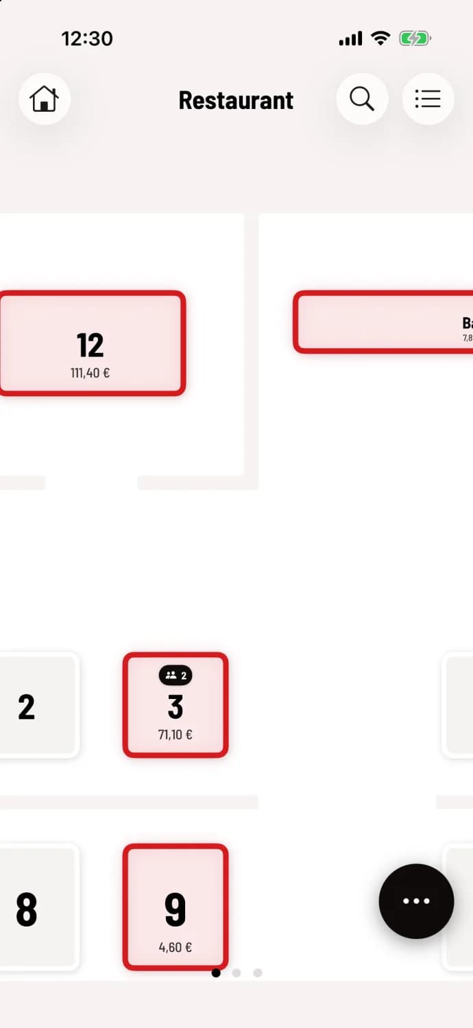 Vergrößerter Tischplan: Tisch 12 mit 111,40 €, Tisch 3 mit Parteien-Symbol und 71,10 €, Tisch 9 mit 4,60 €