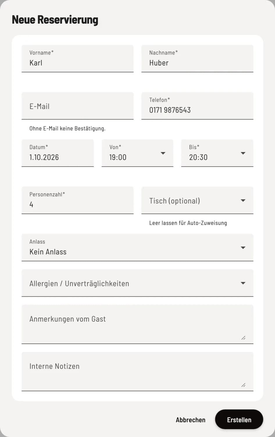 Neue Reservierung