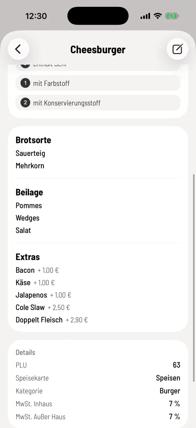 item details for the cheeseburger: markings, bread type variations, side dishes and extras with surcharges, including details with PLU, menu, category and tax rates.