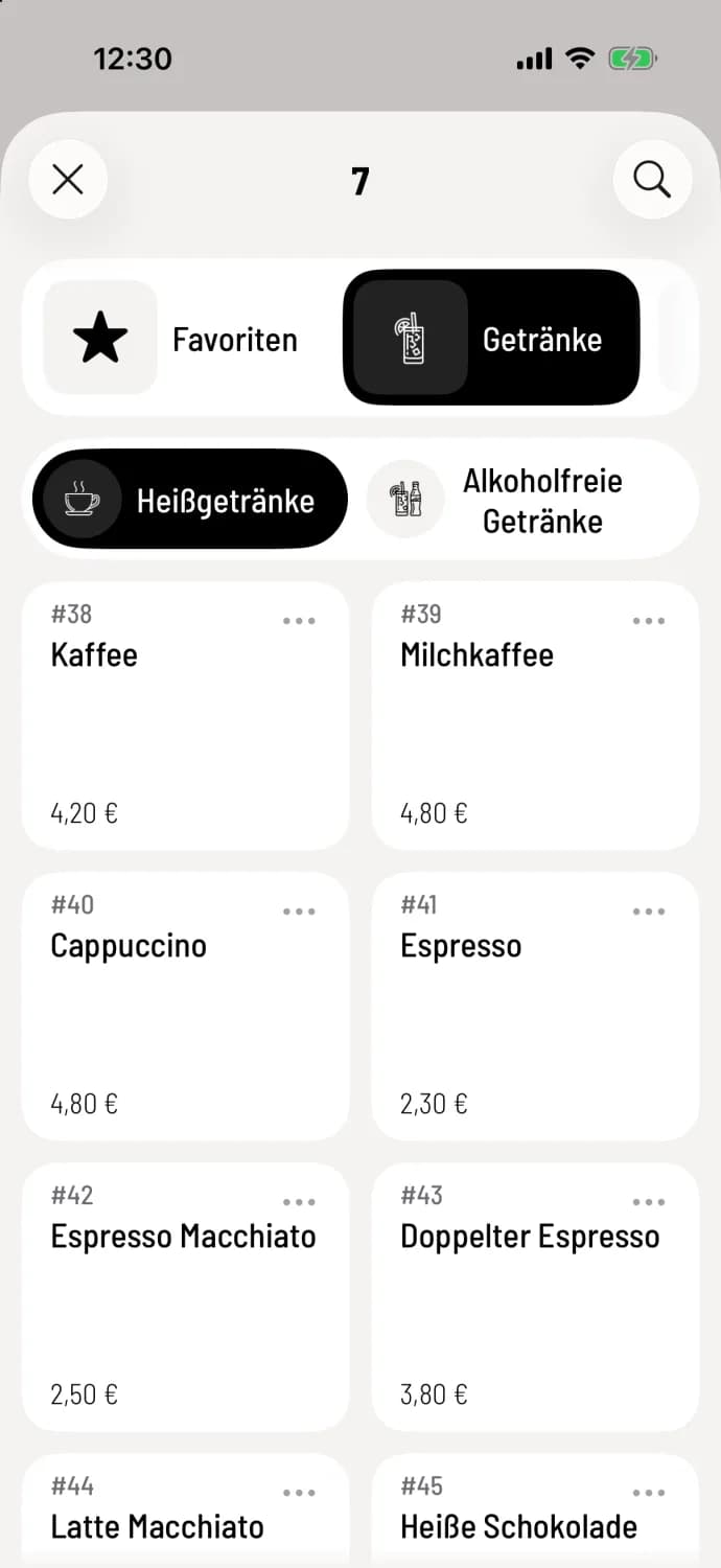 Speisekarte mit Kategorie-Leiste über den Artikeln statt Kategorie-Kacheln