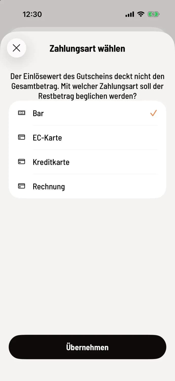 Zahlungsart für den Rest
