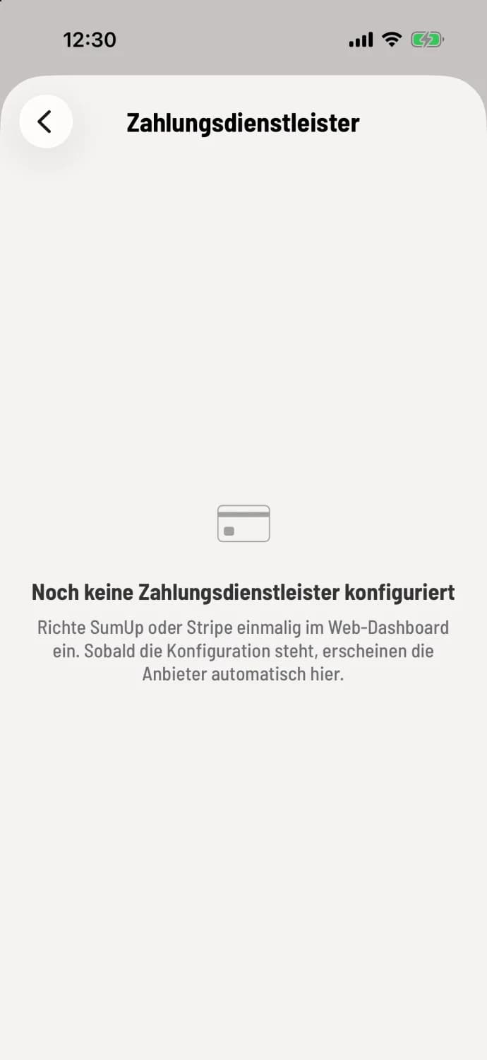 POS app, payment service provider without a connected provider, with the message "No payment service providers configured yet".