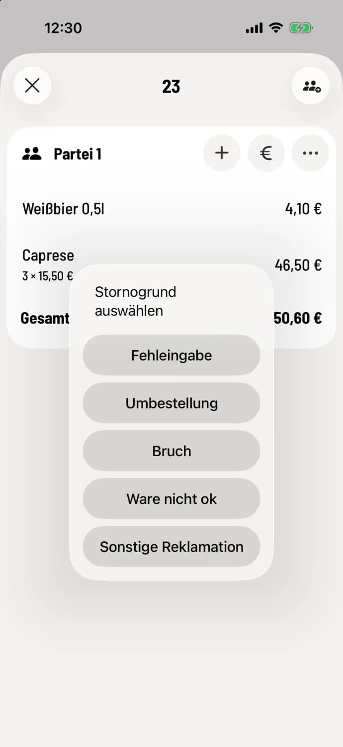 Kassen-App, Tisch 23: Fenster Stornogrund auswählen mit Fehleingabe, Umbestellung, Bruch, Ware nicht ok und Sonstige Reklamation