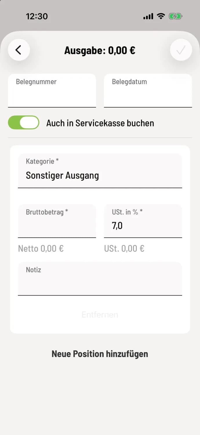 POS app: Form output with category "Material and goods purchase", gross amount and activated switch. Also book to service POS.