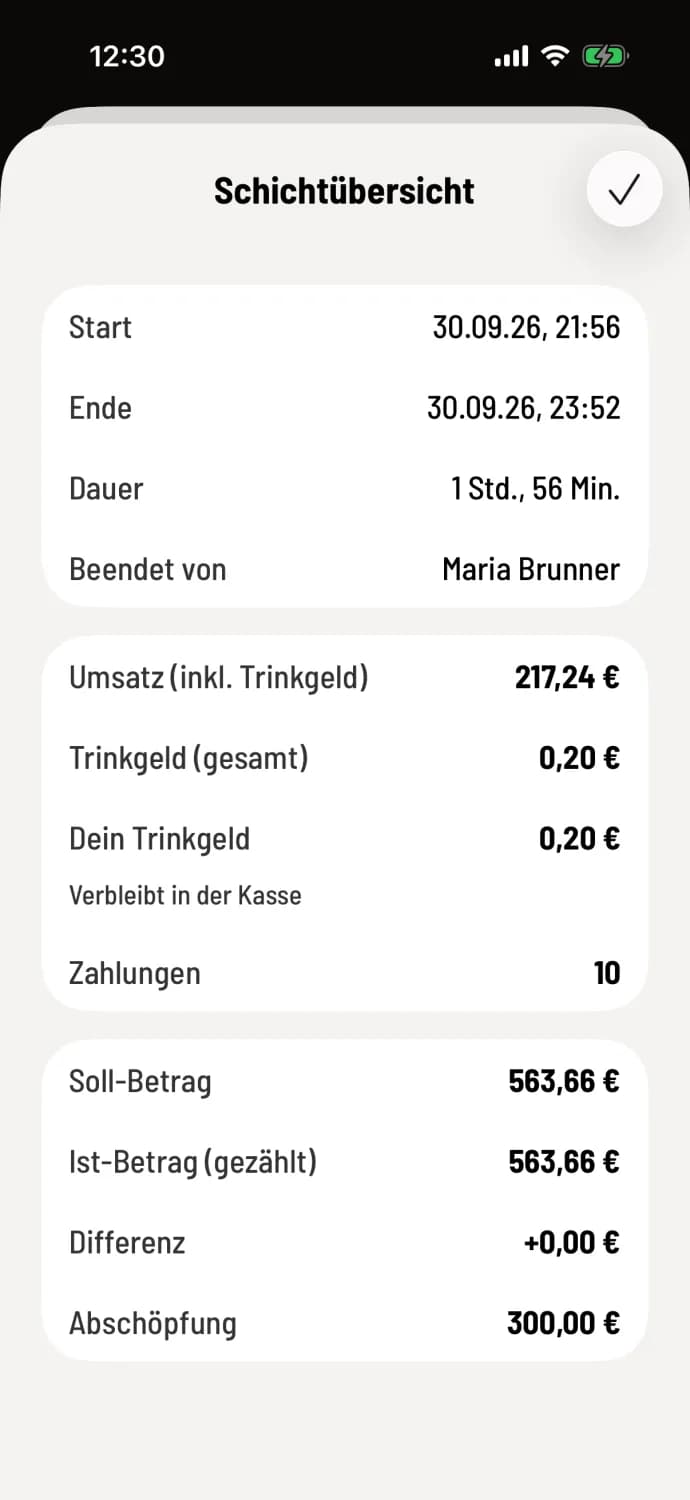 Kassen-App: Schichtübersicht mit Start, Ende, Dauer, Beendet von, Umsatz (inkl. Trinkgeld), Trinkgeld (gesamt), Dein Trinkgeld, Zahlungen, Soll-Betrag, Ist-Betrag, Differenz und Abschöpfung