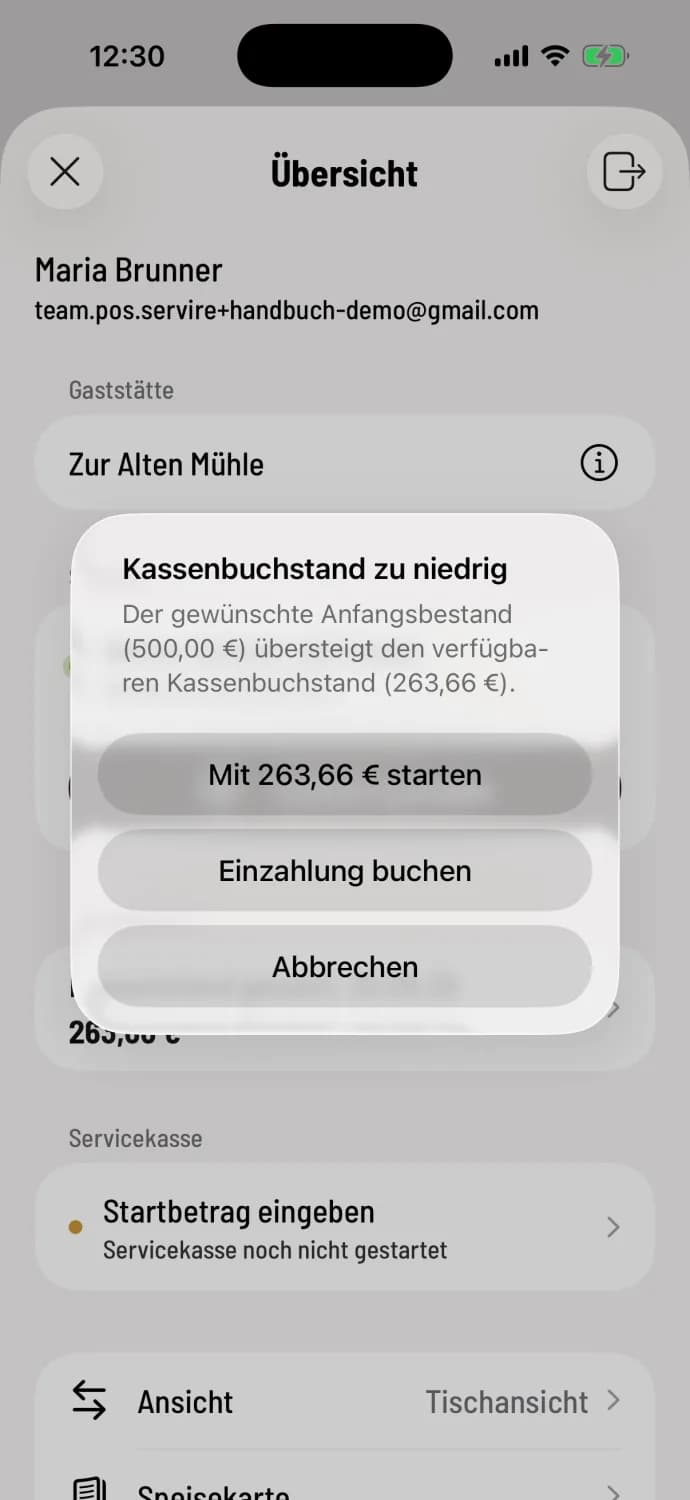 POS app: Notification of low cash balance with buttons to start with €55.00, book deposit and cancel.