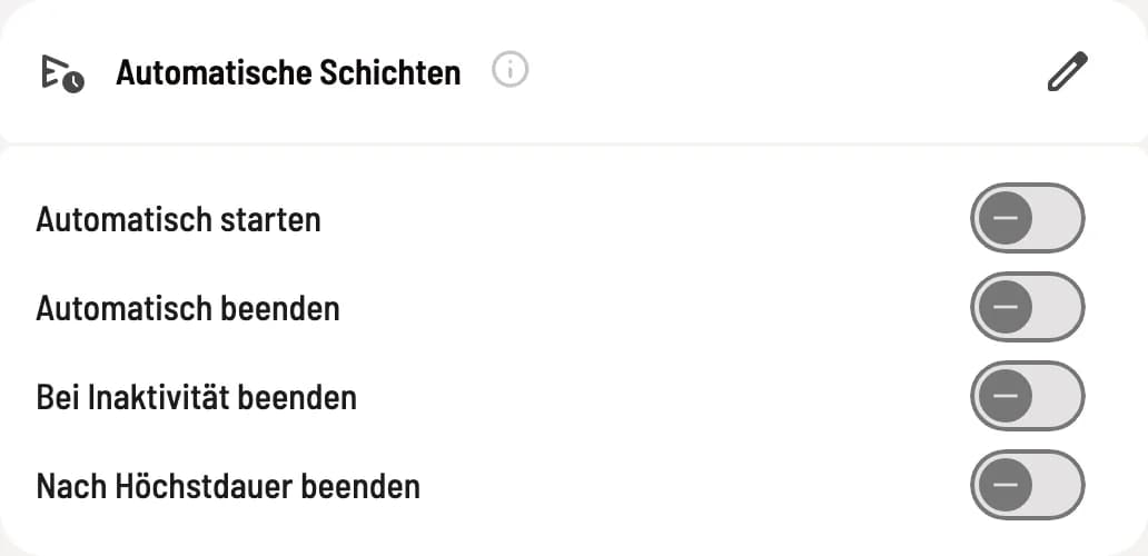 Web desk, settings, POS tab: Card Automatic shifts with the switches Start automatically, End automatically, End on inactivity and End after maximum duration