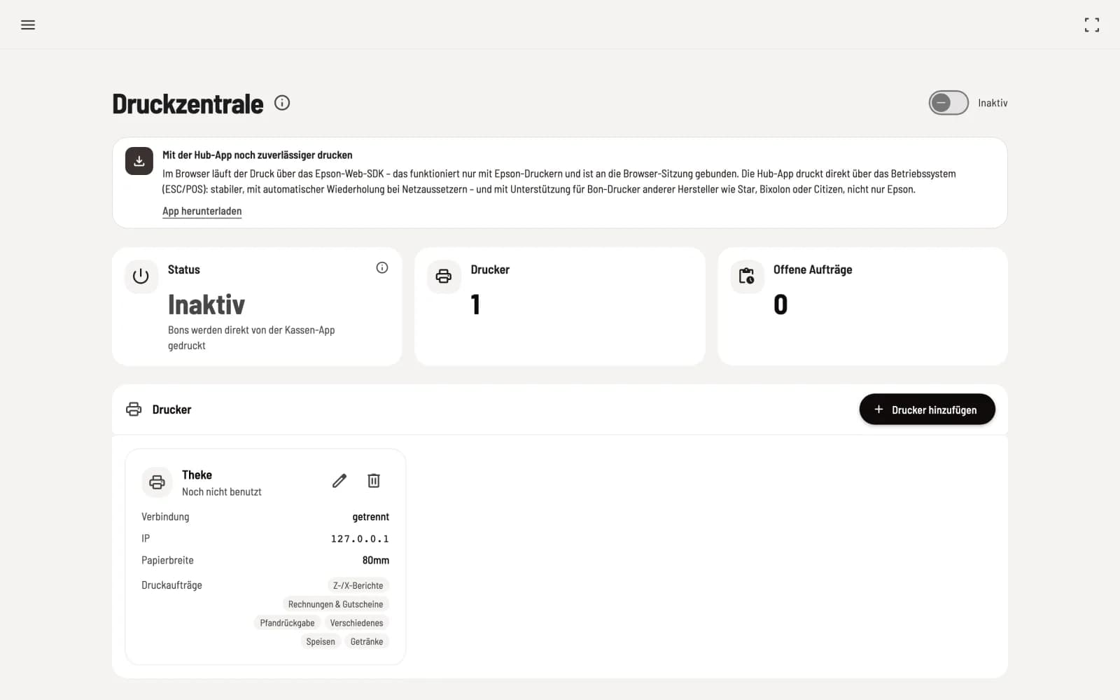 Print center in the hub with status Inactive, a printer counter in the state Not yet used and the Add Printer button