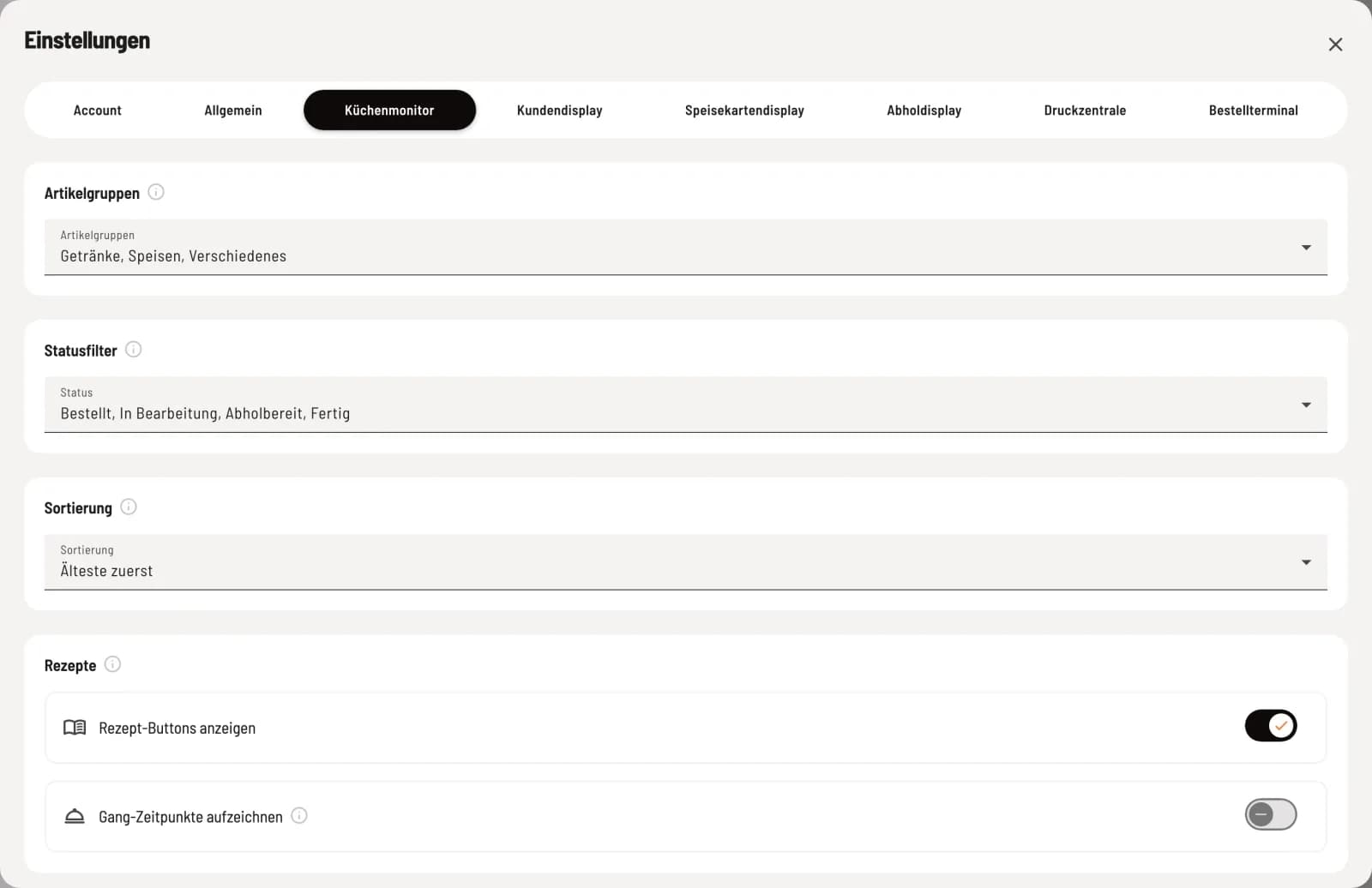 Hub-Einstellungen, Reiter Küchenmonitor mit Artikelgruppen, Statusfilter, Sortierung und Rezepte