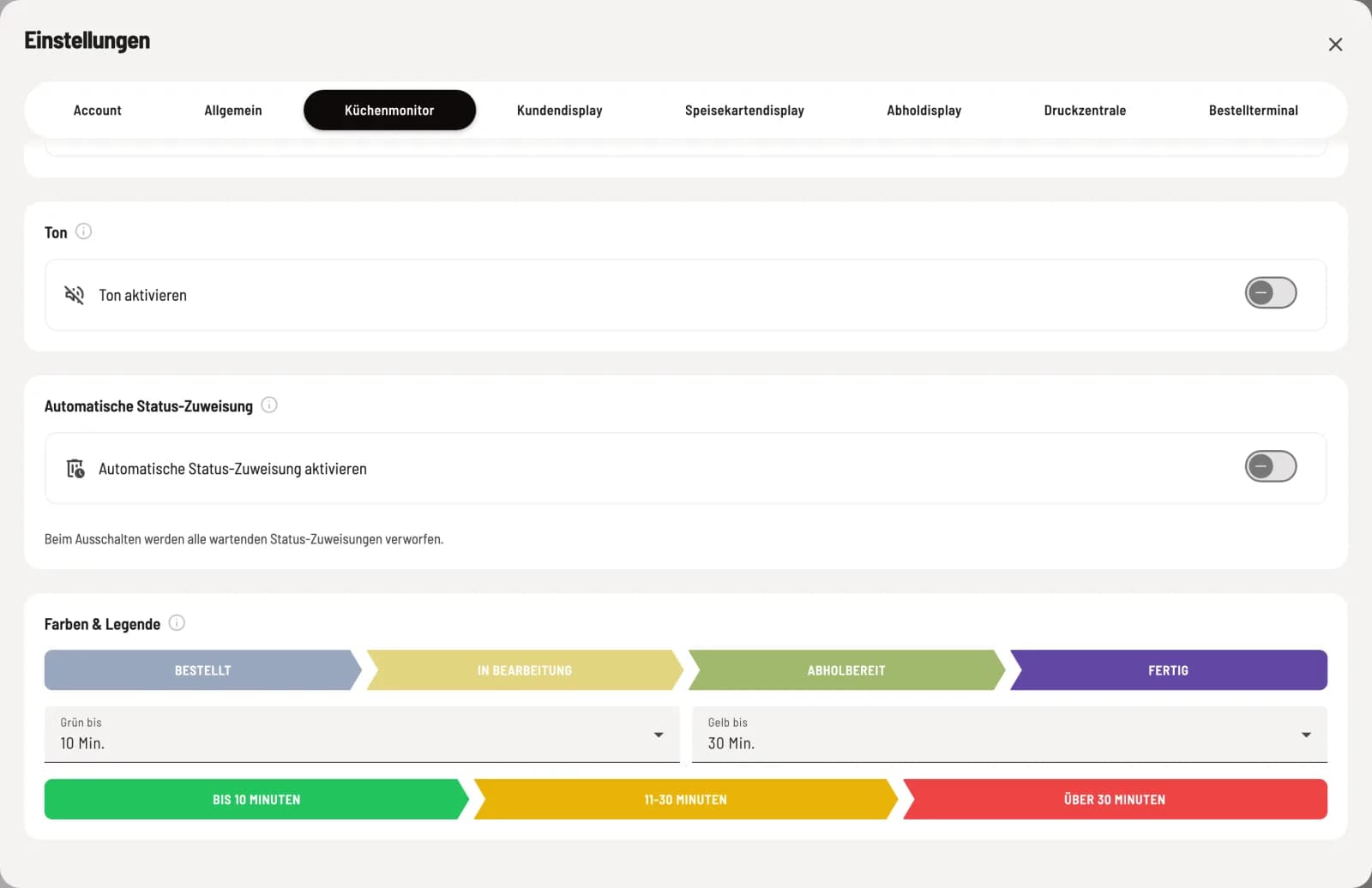 Hub-Einstellungen Küchenmonitor, Abschnitte Ton, Automatische Status-Zuweisung sowie Farben und Legende mit Grün bis 10 Min. und Gelb bis 30 Min.