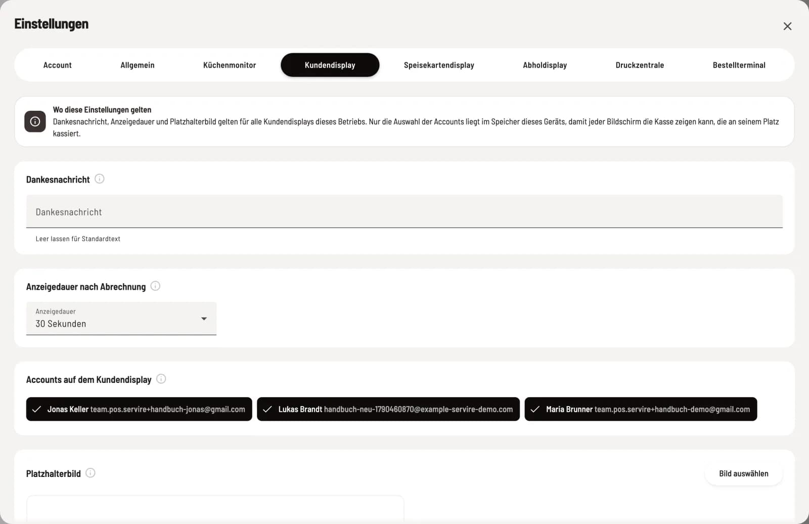 Hub-Einstellungen, Reiter Kundendisplay mit Hinweis Wo diese Einstellungen gelten, Dankesnachricht, Anzeigedauer und Accounts
