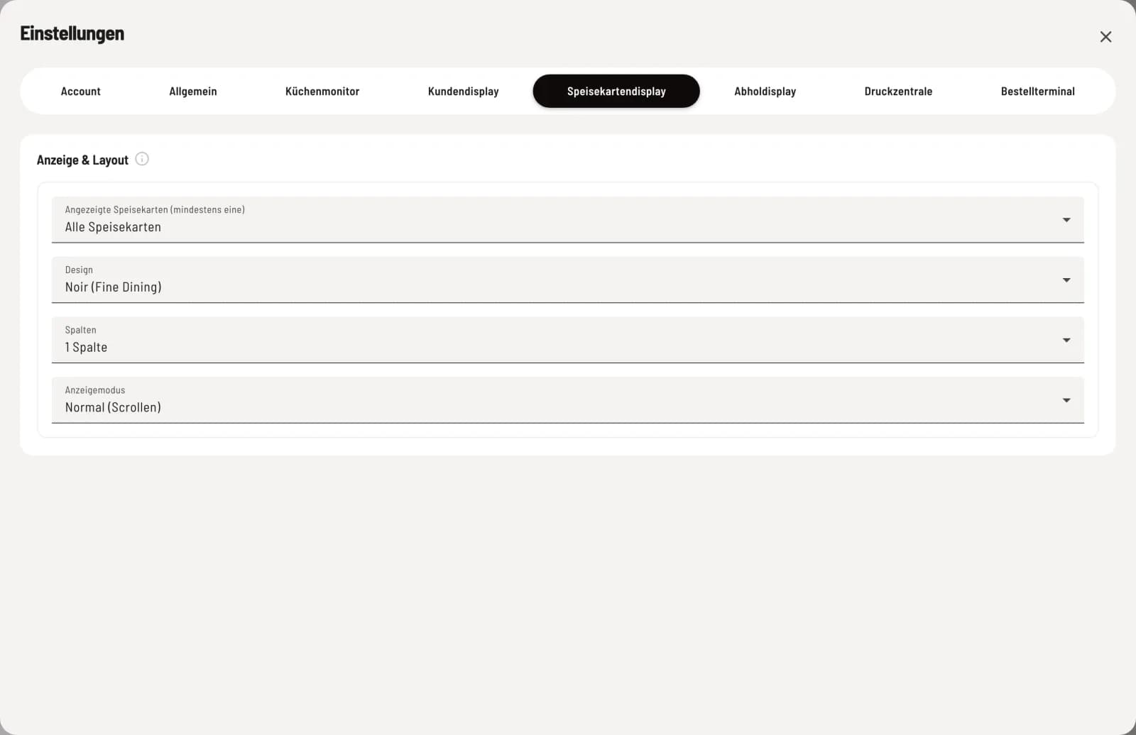 Hub-Einstellungen, Reiter Speisekartendisplay mit Angezeigte Speisekarten, Design, Spalten und Anzeigemodus