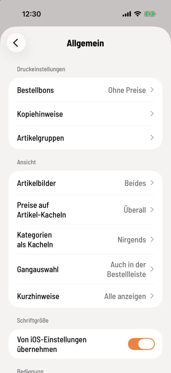 POS app, General settings, Print settings section with the lines Order slips, Copy instructions and Item groups