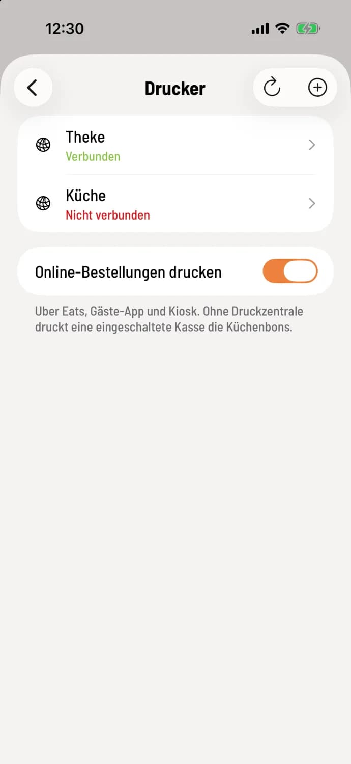 Kassen-App, Druckerliste mit Theke (Verbunden, grün) und Küche (Nicht verbunden, rot), darunter der Schalter Online-Bestellungen drucken
