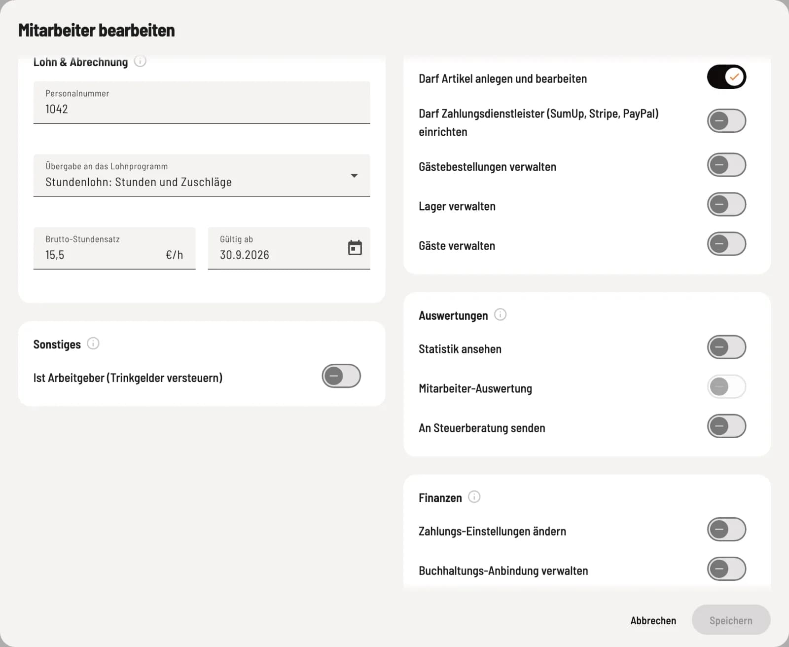 Personalnummer, Übergabe und Stundensatz
