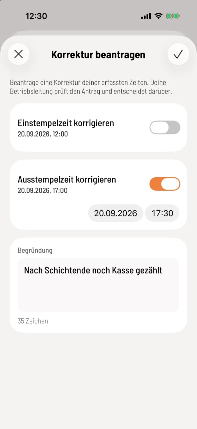 Zeit und Grund angeben