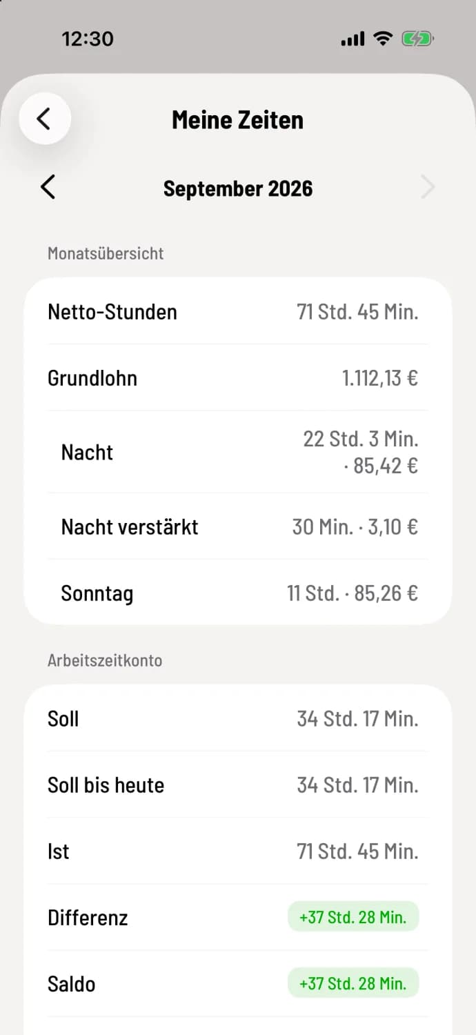 Monatsübersicht und Arbeitszeitkonto