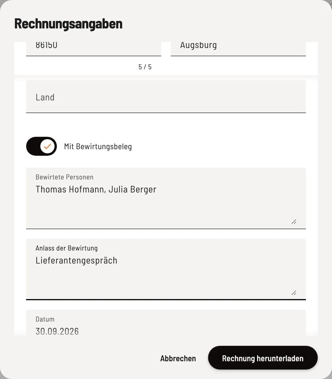 Bewirtungsbeleg ergänzen