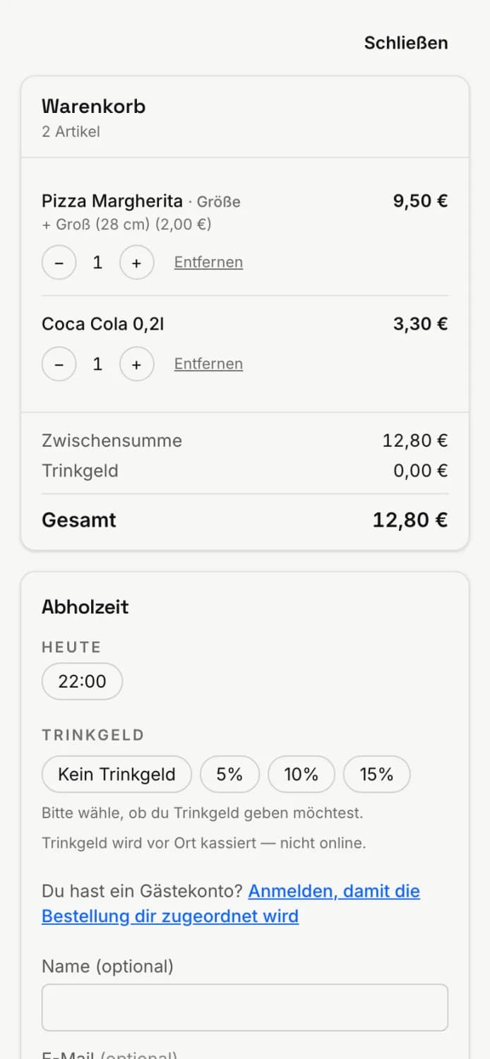 Warenkorb und Abholzeit