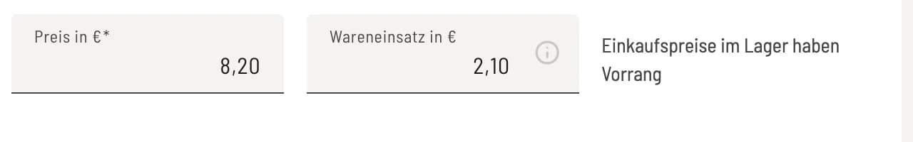 Artikeldialog mit Preis, Wareneinsatz in Euro und dem Hinweis Einkaufspreise im Lager haben Vorrang