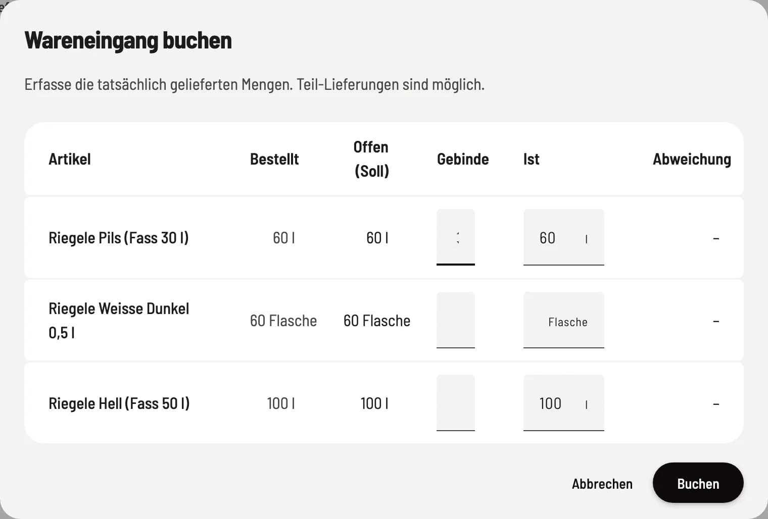 Gelieferte Mengen erfassen