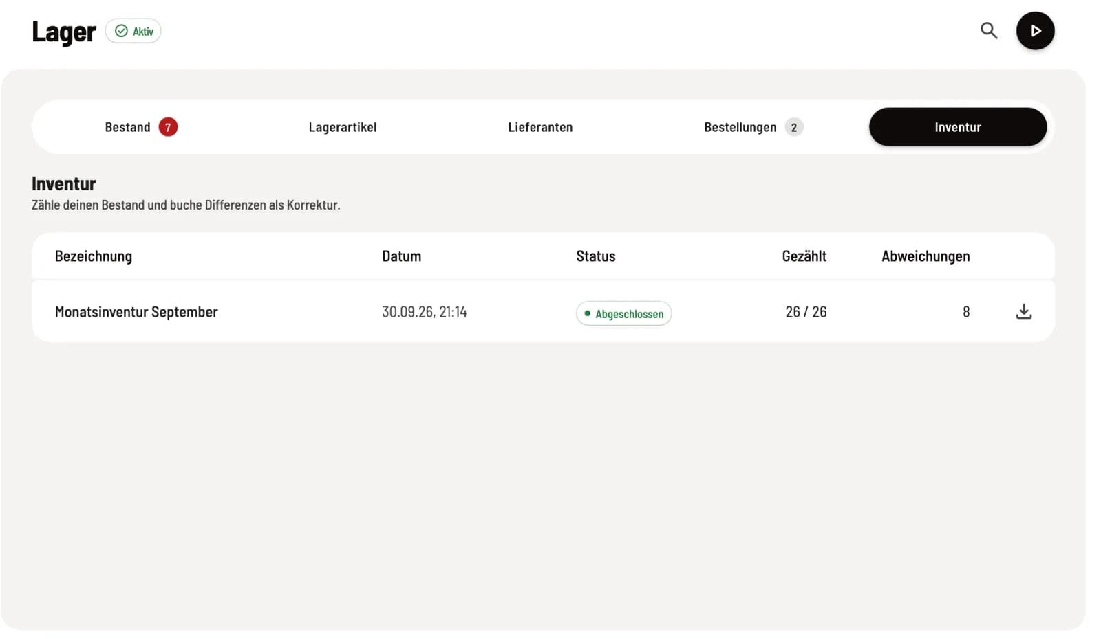Liste der Inventuren im Web desk mit einer abgeschlossenen Inventur, Zahl der Abweichungen und PDF-Symbol