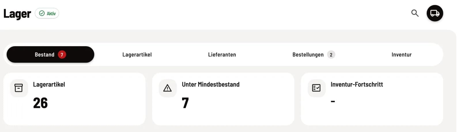 Kopf der Lager-Seite im Web desk mit Status Aktiv, Suche und den Reitern Bestand, Lagerartikel, Lieferanten, Bestellungen und Inventur