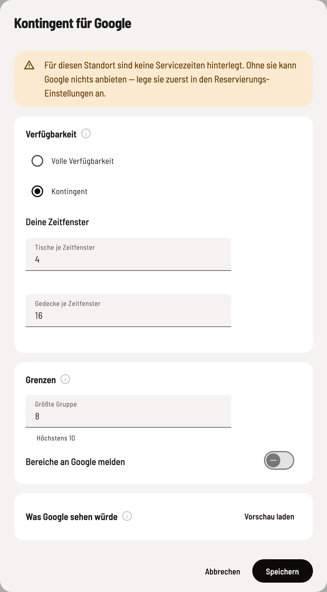 Dialog Kontingent für Google