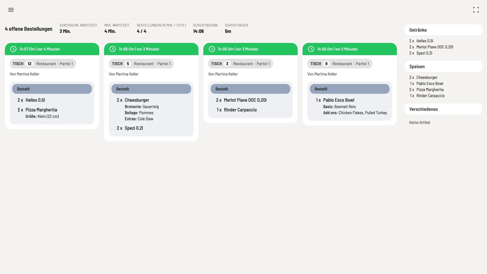 Kitchen monitor, "Change status" dialog for pickup no. 5 with the status bar Ordered, In progress, Ready for pickup, Picked up