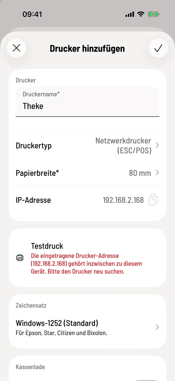 Red indicator under test print: The printer address now belongs to this device.