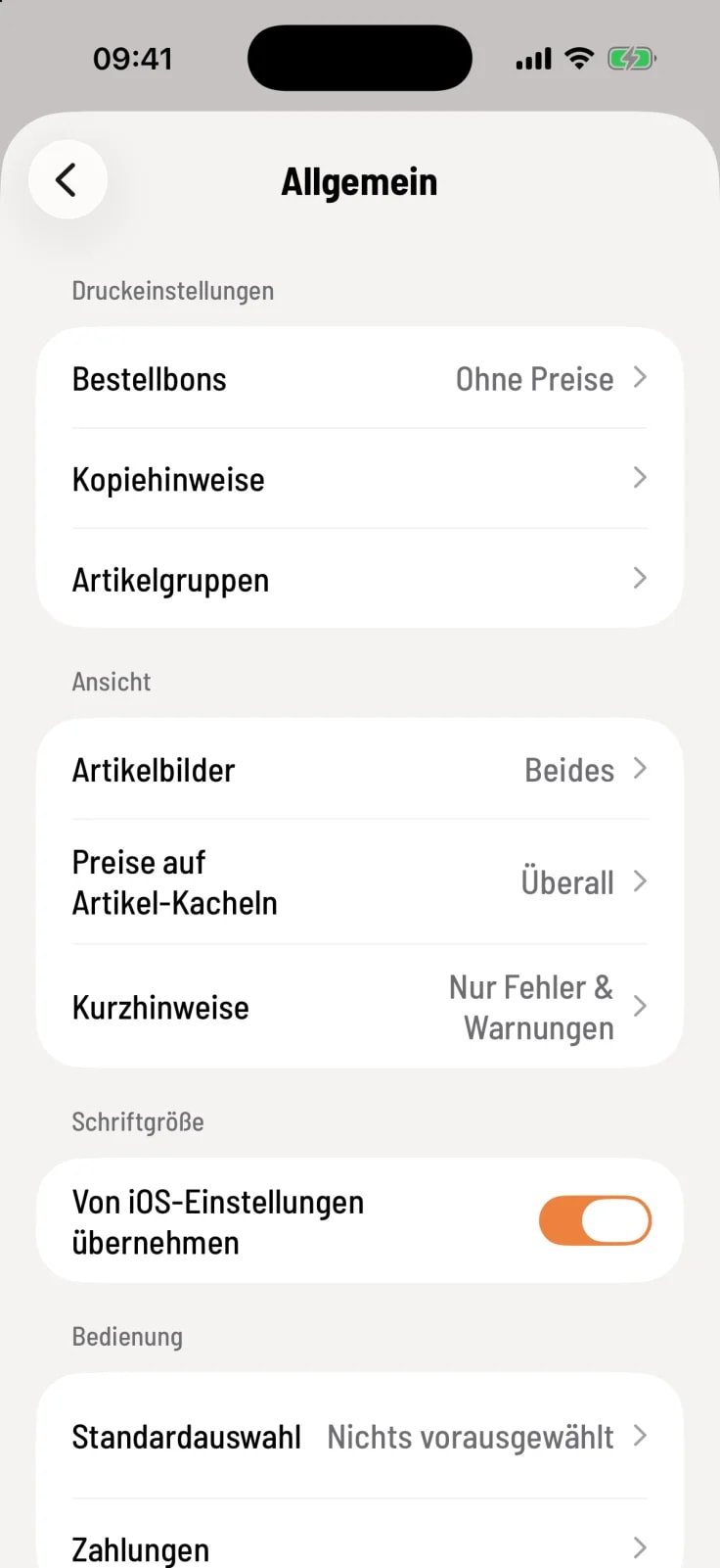 Allgemeine Einstellungen mit Bestellbons, Kopiehinweise und Artikelgruppen