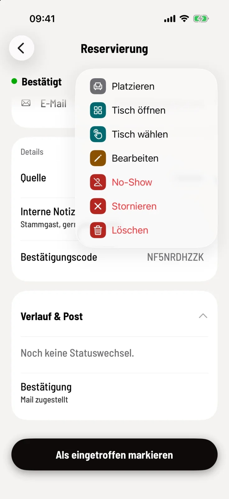 Weitere Aktionen: Platzieren, Tisch öffnen, Tisch wählen, Bearbeiten, No-Show, Stornieren, Löschen