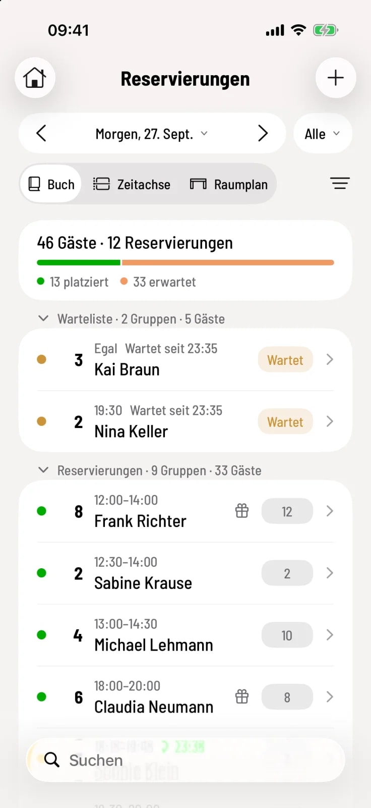Reservierungsbuch mit Warteliste und bestätigten Reservierungen