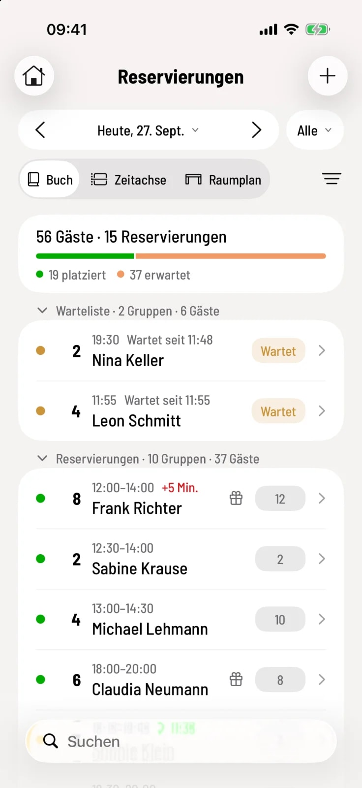 Reservierungsbuch mit Gäste-Übersicht, Warteliste und Reservierungen
