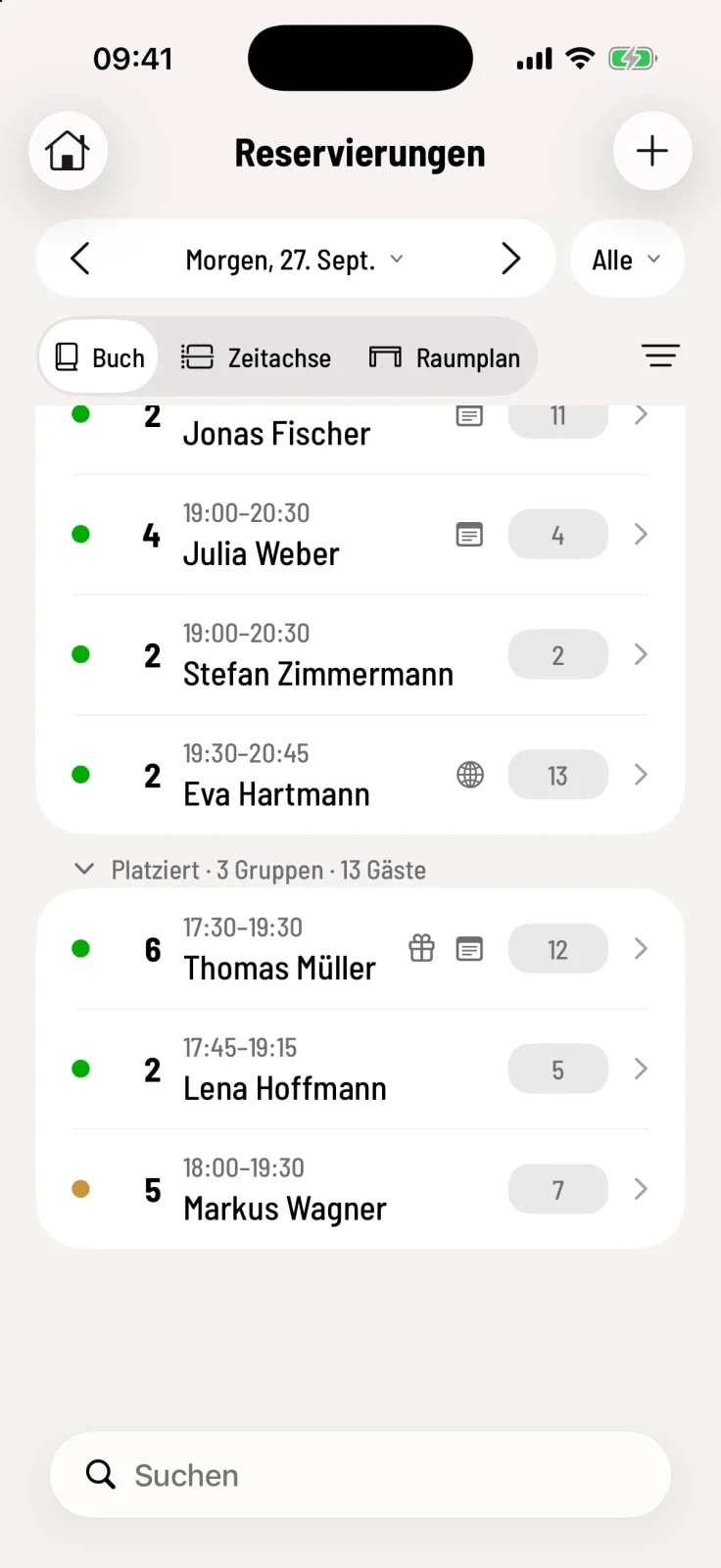 Zeilen mit Personenzahl, Uhrzeit, Name, Symbolen und Tisch