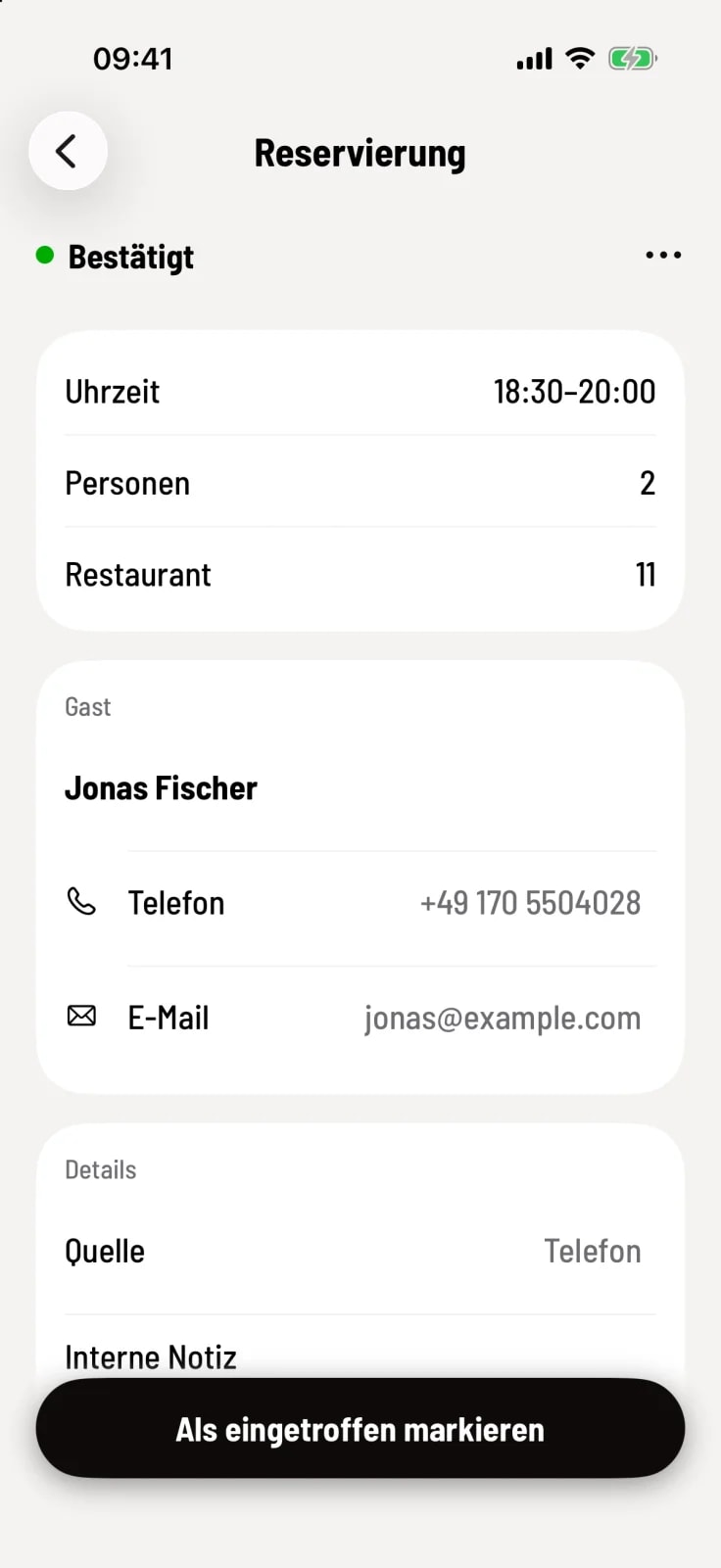 Reservierungskarte mit Status Bestätigt