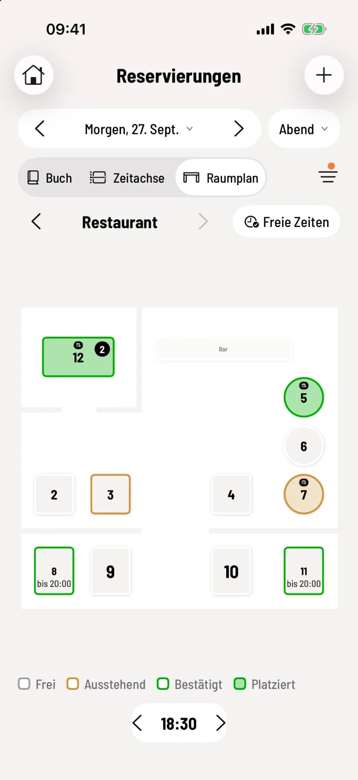 Restaurant floor plan at 6:30 PM
