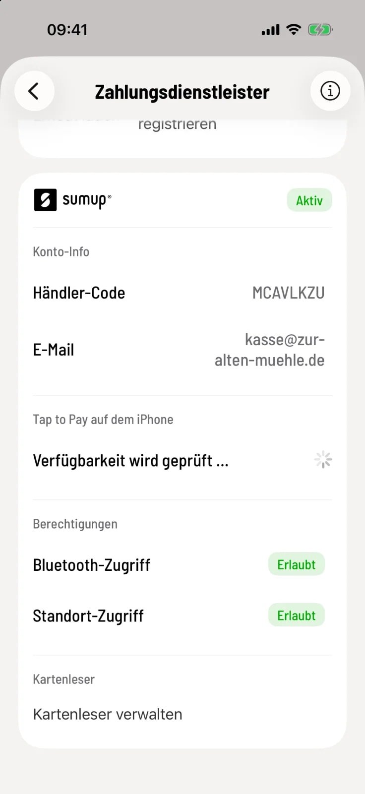 SumUp-Karte mit Status Aktiv, Konto-Info, Tap to Pay, Berechtigungen und Kartenleser