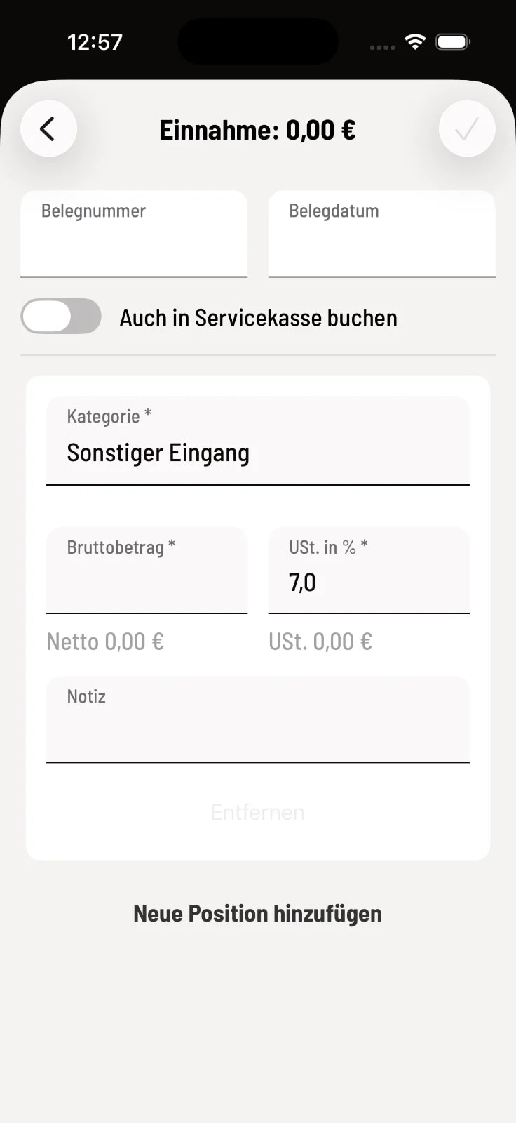 Eine Einnahme mit Kategorie, Betrag und Steuersatz erfassen